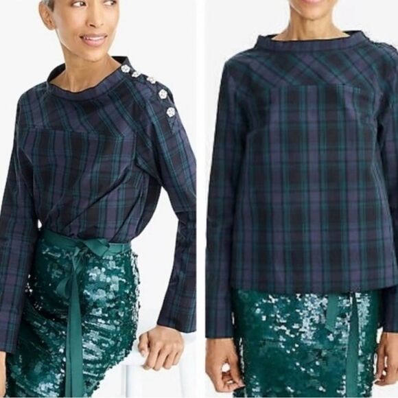 J. Crew Funnel Neck Black Watch Plaid Jewel Top sz 0 - Picture 1 of 7
